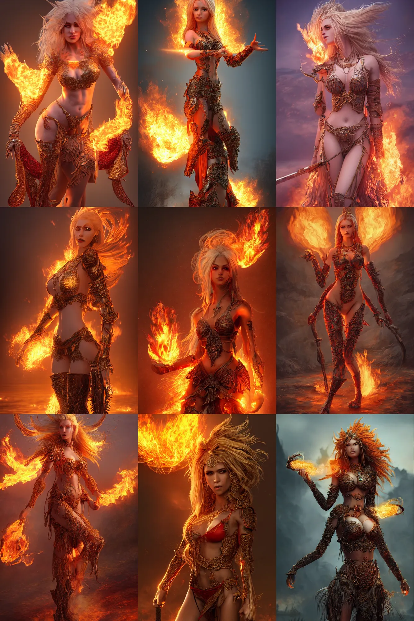 Prompt: a wlop 3 d render of very very very very highly detailed beautiful fire goddess in ornate bikini armor walking toward a riverside town while holding a fireball, on fire, long blonde flaming hair, digital art, trending on artstation, cgsociety, detailed, illustration, sharp focus, micro detail, professional art by seb mckinnon