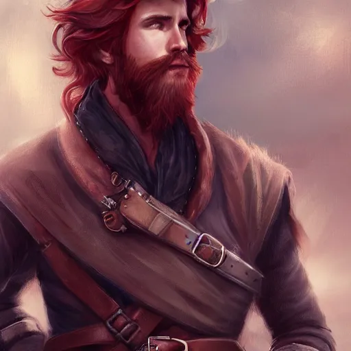 Image similar to rugged young ship captain standing before his airship, male, handsome, masculine, red hair, long hair, soft hair, fantasy, intricate, elegant, highly detailed, steampunk, digital painting, artstation, concept art, character art, smooth, sharp focus, illustration, art by artgerm