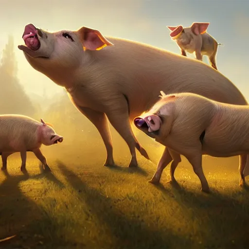 Prompt: an epic painting of the team of pigs wearing gold crowns, oil on canvas, golden hour, perfect composition, golden ratio, beautiful detailed, photorealistic, digital painting, artstation, concept art, smooth, sharp focus, illustration, fantasy background, artstation trending, octane render, unreal engine