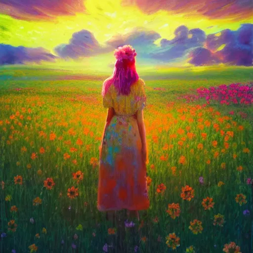 Prompt: girl with a flower face, surreal photography, standing in flower field, in a valley, sunrise dramatic light, impressionistic painting, colorful clouds, artstation, dali, simon stalenhag