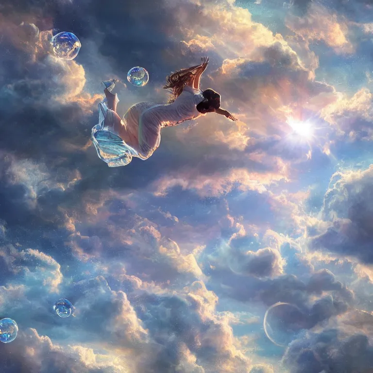 Prompt: a beautiful detailed painting of a human flying in the sky shot close - up, as in a dream, around fluffy airy soft clouds that sparkle and glow with different lights and also foam like soap bubbles, highly detailed, 8 k resolution, hdr