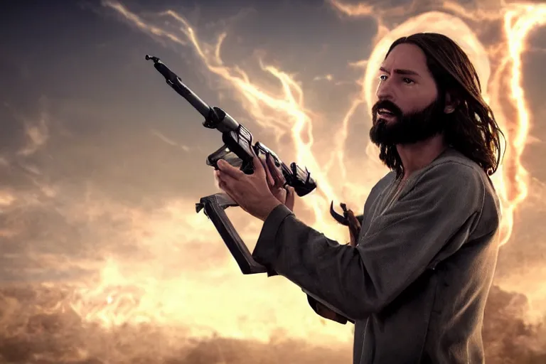 Prompt: real life photo of confident Jesus Christ holding a machine gun shooting the devil satan lucifer of hell, 8k, hyperrealistic, very detailed, clean, professional photography, epic composition, side profile, high contrast, upscaled, god rays