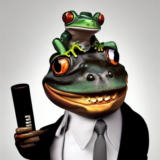 Image similar to a high quality photo of an antropomorphic frog wearing a suit smoking a cigar, 3d scene, render, ultra realistic, artstation, cgsociety