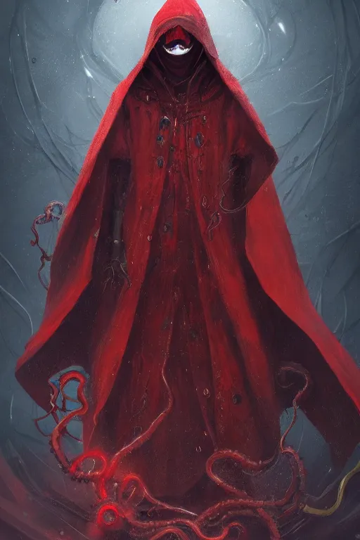 Image similar to A full body portrait of a mysterious character with no face with a very long hooded crimson red cloak, a golden crown floating above his head tentacles coming out the ground art by James Paick, and Shaddy Safadi, ominous, cosmic horror, trending on artstation, Ultra detailed, hyper realistic 4k