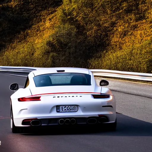 Image similar to “white 2018 porsche 911 racing down a highway, golden hour photograph, car photography, 4k professional photo”