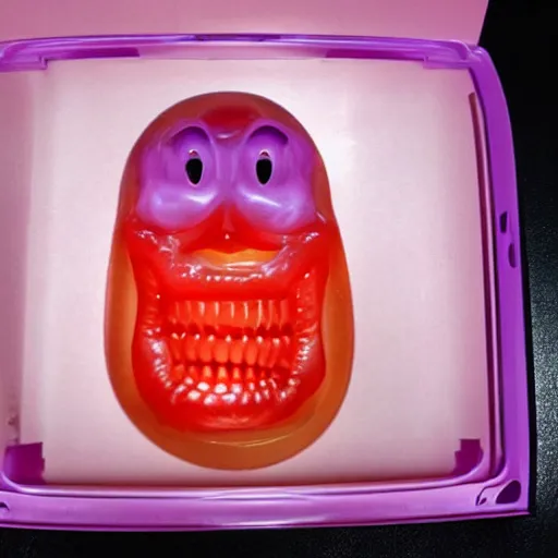 Image similar to grimace from macdonalds with translucent skin and you can see the organs inside