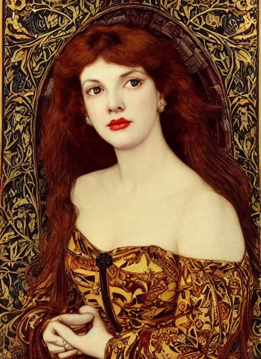 Prompt: masterpiece of intricately detailed preraphaelite photography portrait face hybrid of bety page and a hybrid of judy garland and a hybrid of jackie kennedy and ingrid bergman, sat down in train aile, inside a beautiful underwater train to atlantis, betty page fringe, medieval dress yellow ochre, by william morris ford madox brown william powell frith frederic leighton john william waterhouse hildebrandt