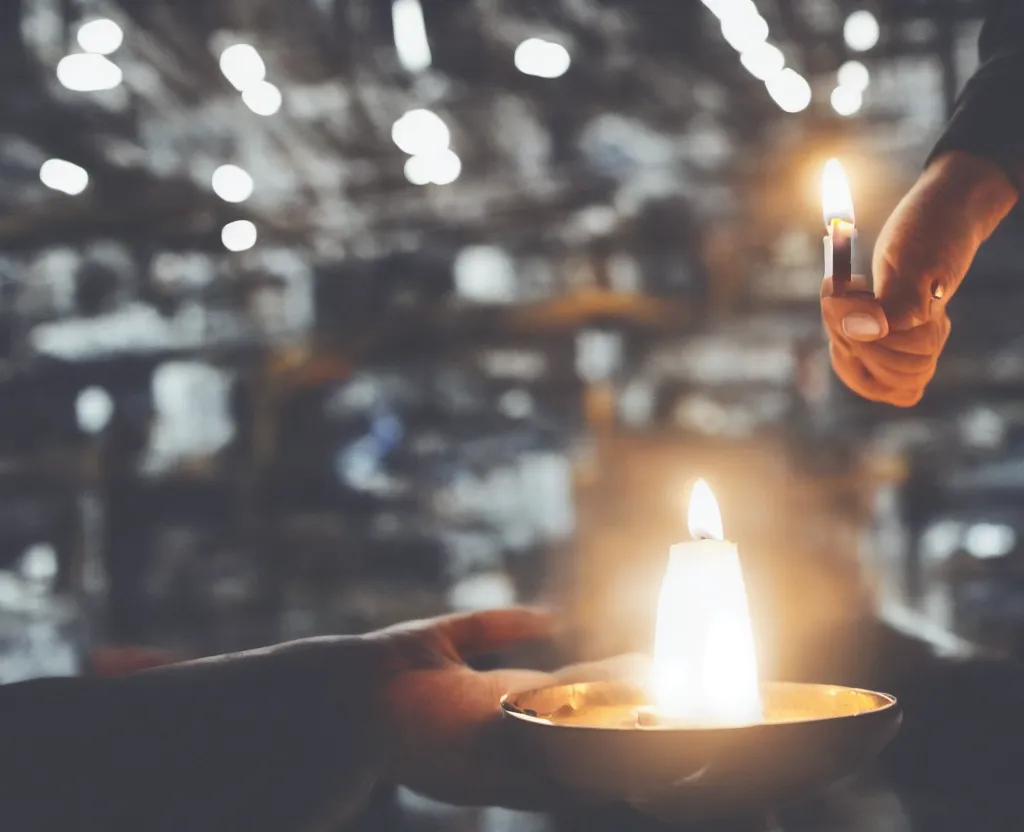 Image similar to first person point of view of man holding candle with his hand in a factory