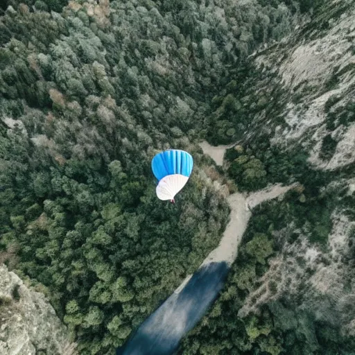 Image similar to a hairy dog attached to a large open balloon parachute jumping from a mountain cliff. captured by a drone. wide camera. epic