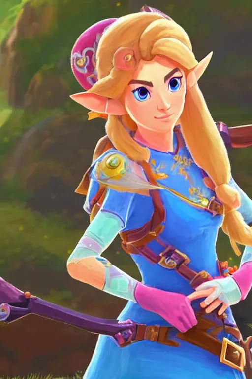 Image similar to an in game portrait of princess peach from the legend of zelda breath of the wild, breath of the wild art style.