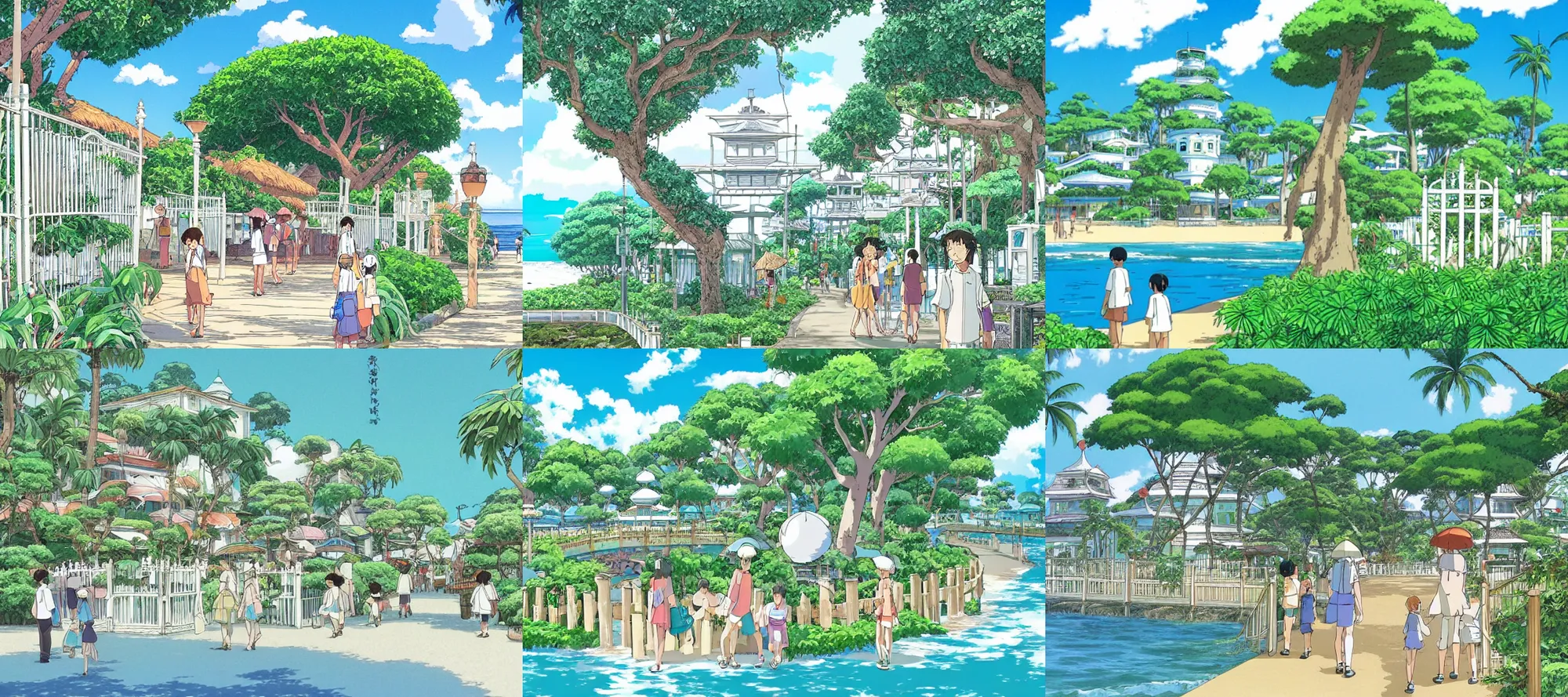 Prompt: a tropical seaside town with large trees and white lattice fences, by Studio Ghibli