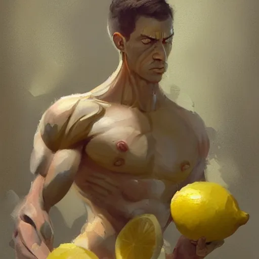 Image similar to lemon with muscular body of a human by greg rutkowski
