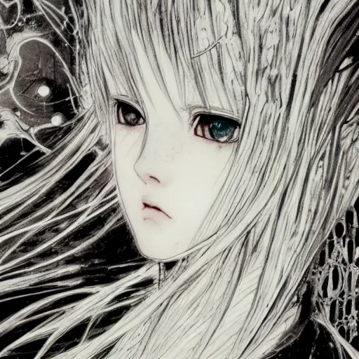 Image similar to Yoshitaka Amano realistic illustration of an anime girl with black eyes, wavy white hair fluttering in the wind and cracks on her face wearing Elden ring armour with engraving, abstract black and white patterns on the background, noisy film grain effect, highly detailed, Renaissance oil painting, weird portrait angle, blurred lost edges, three quarter view