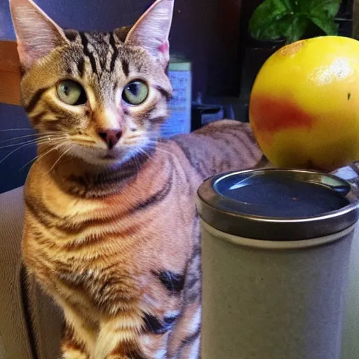 Prompt: a tabby cat blended into a smoothie but the head is looking at the camera