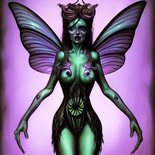 Image similar to a beautiful fairy girl inspired by giger in the style of brom art