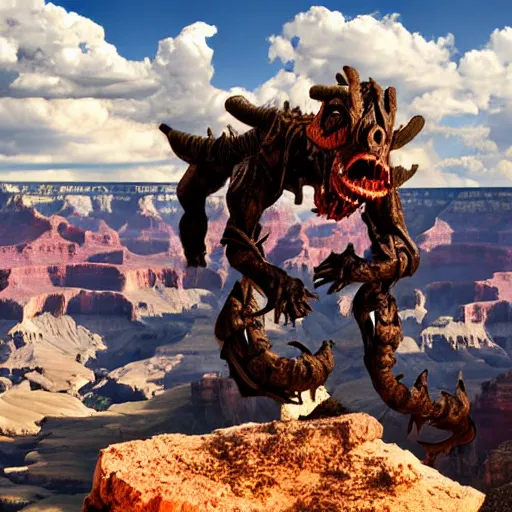 Image similar to candid photograph of a deathclaw roaming the grand canyon with a bright blue sky with many clouds in the background, 8 k, very detailed, very intricate,