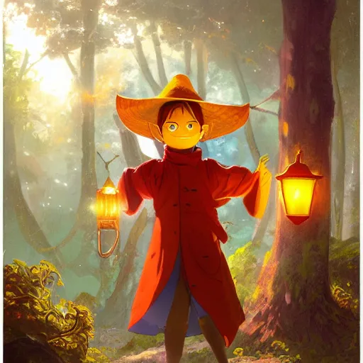 Prompt: concept art painting of an anthropomorphic luffy wearing a yellow cloak, holding a lantern, in the deep forest, realistic, detailed, cel shaded, in the style of by isaac asimov and marc simonetti and makoto shinkai and greg rutkowski and james gurney