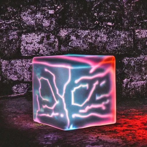 Image similar to glowing translucent cube in las pozas, cyberpunk, dark room, science fiction magazine, cut out collage, 4 k close up, wide angle