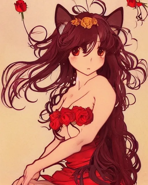 Image similar to A cute frontal fullbody painting of a beautiful anime skinny foxgirl with curly brown colored hair and fox ears on top of her head wearing a cute red dress with rose symbolic sitting on the stone looking at the viewer, elegant, delicate, soft lines, higly detailed, smooth , pixiv art, ArtStation, artgem, art by Gil Elvgren alphonse mucha and charles reid, high quality, digital illustration, concept art