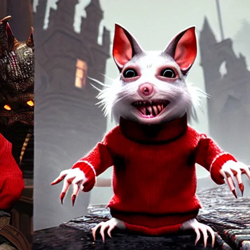 Image similar to stuart little as a monstrous dark souls boss, wearing a red sweater and his fur is white, visually grotesque, unreal engine 2, style of asylum demon, forked tongue