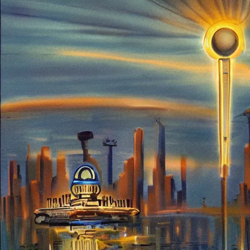 Prompt: city of light under a bright cloudy sky, overexposed retro science fiction vintage art