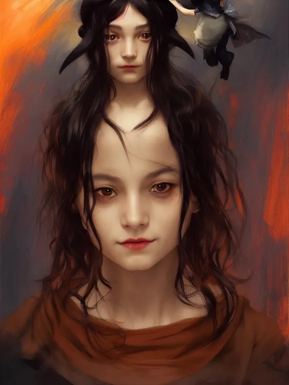 Image similar to Full shot of a mischievous young witch about to get up to some trouble. Latin American fashion. Black and Orange palette. Latina girl. brown skin. defined facial features, symmetrical facial features. By Ruan Jia and Artgerm and Range Murata and WLOP and Ross Tran and William-Adolphe Bouguereau. Key Art. Fantasy Illustration. award winning, Artstation, intricate details, realistic, Hyperdetailed, 8k resolution.