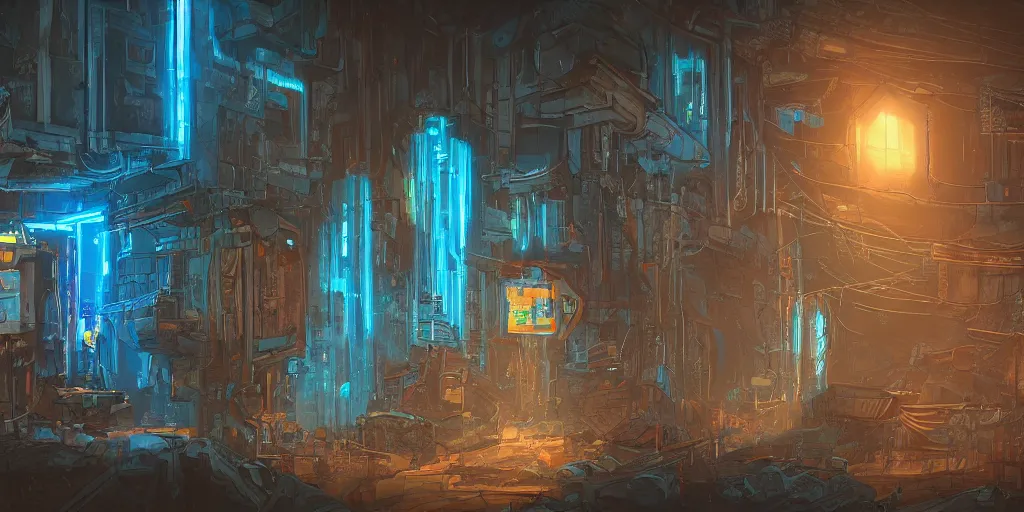 Prompt: cyberpunk dungeon, ancient caves, blue and orange neon lines along the wall, bluestone walls, trending on artstation, ancient ruines, transitional design