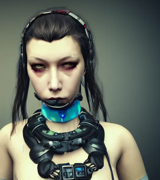 Image similar to detailed realistic female character cyberpunk wearing thick technological collar around neck, realistic, art, beautiful, 4K, collar, choker, collar around neck, punk, artstation, detailed, female, woman, choker, cyberpunk, neon, punk, collar, choker, collar around neck, thick collar, tight around neck, punk,