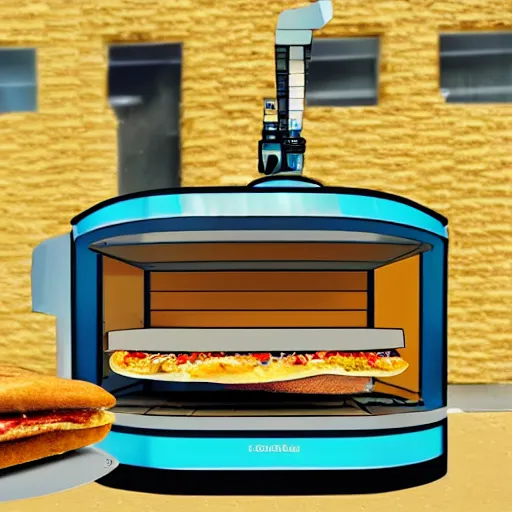 Image similar to a robot living inside a bread sandwish seen from outside, hyper detailed,