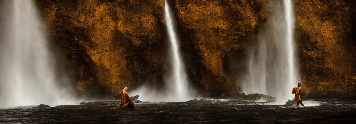 Image similar to dang ngo, annie leibovitz, steve mccurry, a simply breathtaking shot of mediating monk in black, giantic waterfall, golden hour, golden ratio, wide shot, symmetrical