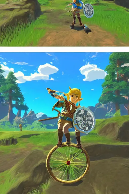 Image similar to in game footage of link from the legend of zelda breath of the wild riding a unicycle, breath of the wild art style.