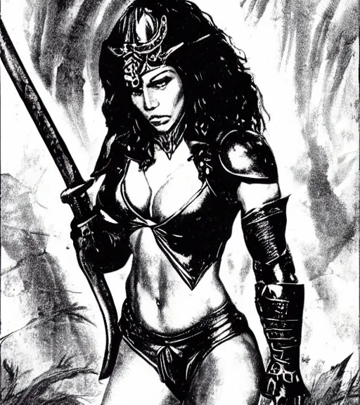 Prompt: 1 9 8 0 s fantasy novel book cover, amazonian nadine velazquez in extremely tight bikini armor wielding a cartoonishly large sword, exaggerated body features, dark and smoky background, low quality print