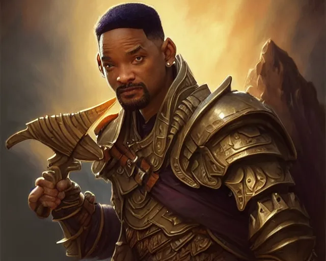 Image similar to if will smith was a halfling from d & d, deep focus, d & d, fantasy, intricate, elegant, highly detailed, digital painting, artstation, concept art, matte, sharp focus, illustration, hearthstone, art by artgerm and greg rutkowski and alphonse mucha