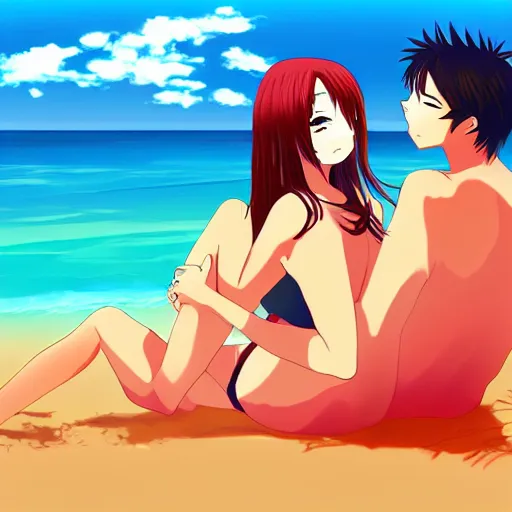 Image similar to an anime couple relaxing on the beach, advanced digital art