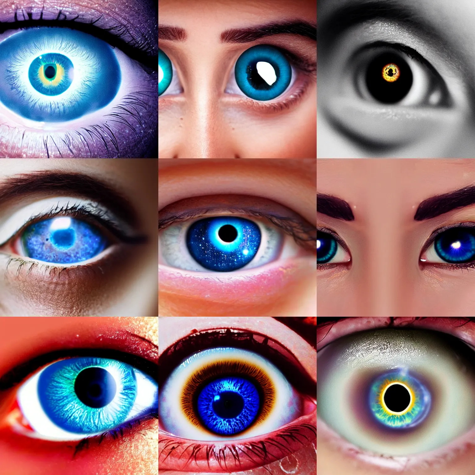 Prompt: photo of womans' eyes with the universe visible inside