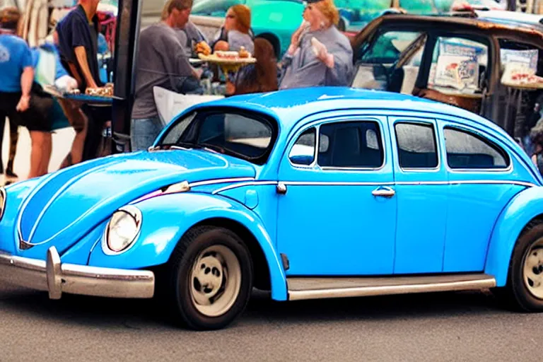 Image similar to a blue beetle car, with burgers for wheel rims