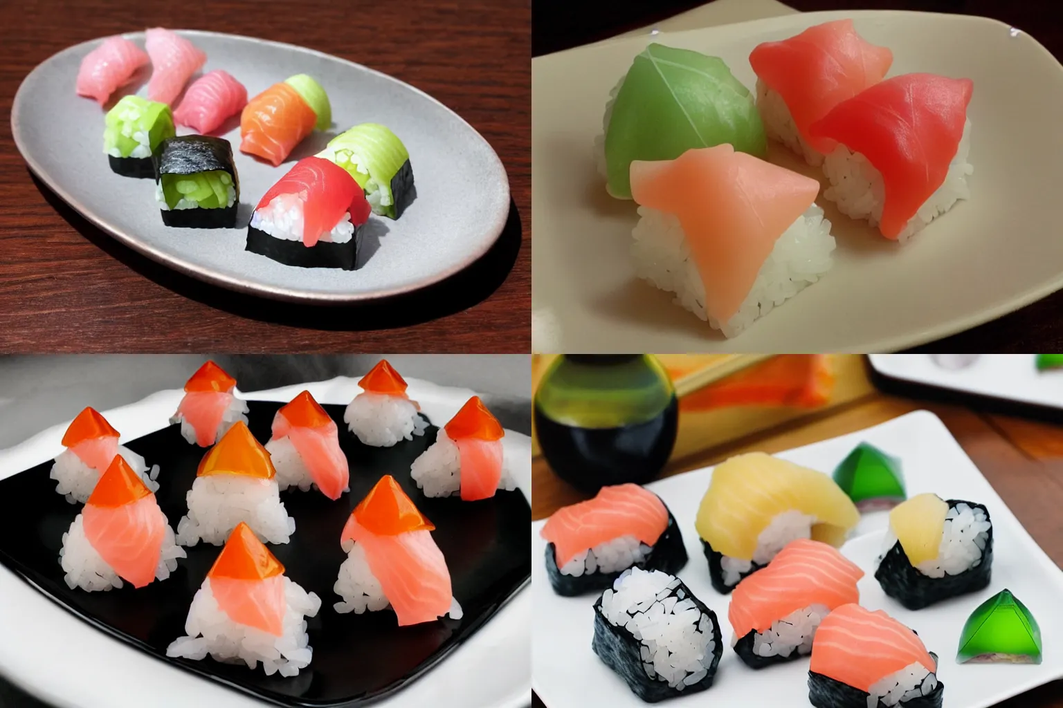 Prompt: octahedron shaped sushi on a dinner plate