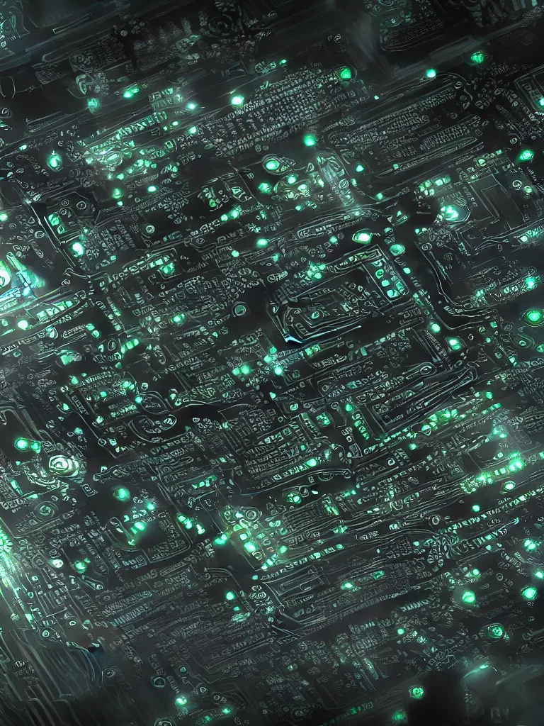 Image similar to big technology, intricate circuit board, cpu, bios chip, led, lcd display, integrated circuits, cmos, capacitors, intricate concept art matte painting, cyberspace, nature grotesque dark