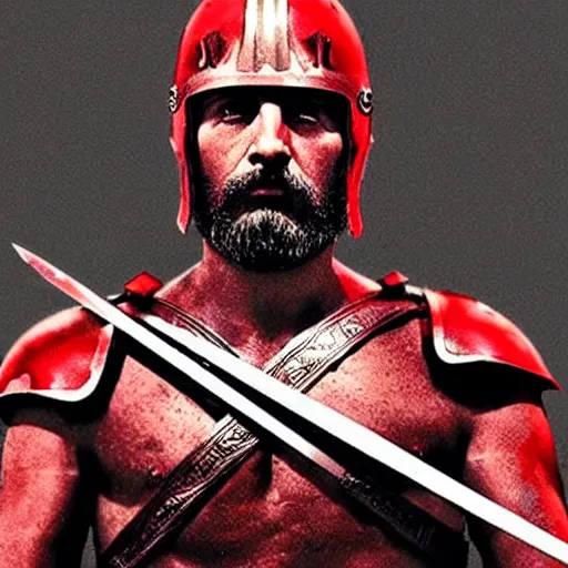 Image similar to “Leónidas king wearing helmet Roman type red crest from 300 Spartans zack Snyder battle with sword epic dark background artwork sharp intricate”