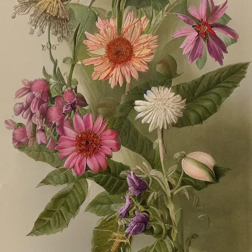 Image similar to a detailed botanical illustration on art paper of beautiful wildflowers by gerard van spaendonck, high detail,