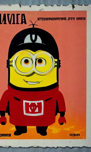 Prompt: Minion on old Soviet poster, high quality, warm colours, red colours