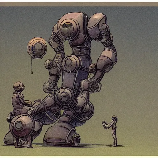 Prompt: Mœbius (((((((((((giant retro human shaped robot))))))))))) . muted colors. by Jean-Baptiste Monge !!!!!!!!!!!!!!!!!!!!!!!!!!!!!!!!!!!!!!!!