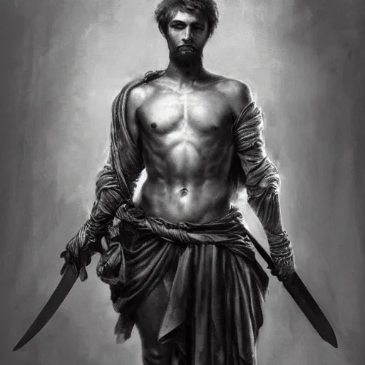 Image similar to artstation concept of a Young man with a bare upper body holding a sword in both hand, silver, shiny colorful, hyperdetailed, artstation trending, world renowned artists, worth1000.com, historic artworks society, antique renewel, cgsociety, by greg rutkowski, by Gustave Dore, Deviantart