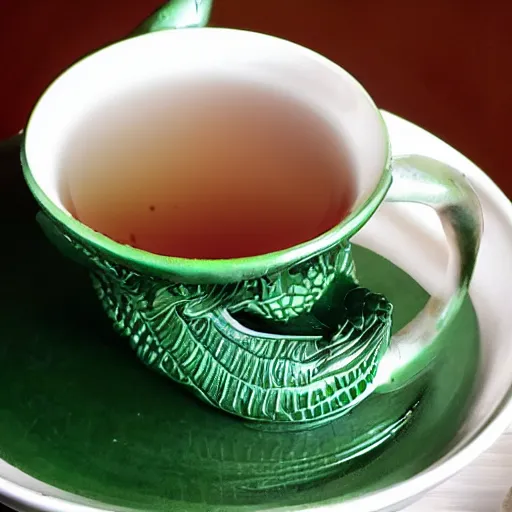 Image similar to a green dragon drinking a cup of tea