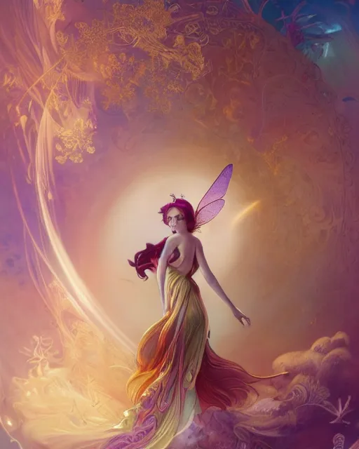 Image similar to a beautiful fairy in a morning dreamland, coherent design, symmetry, concept art, trending on artstation vivid color, complementary color, golden ratio, detailed, sharp lines, intricate, rainbowshift, by james gurney, by brian froud, by peter mohrbacher, by alphonse mucha, by maxfield parrish, by karol bak, deviantart, octane render