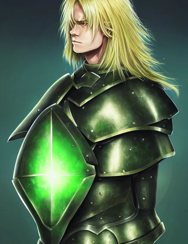 Image similar to an excellent upper body anime portrait of a long haired blonde man with blue eyes in green plate armour glowing with green energy, trending on artstation, digital art, 4 k resolution, detailed, high quality, sharp focus, hq artwork, coherent, insane detail