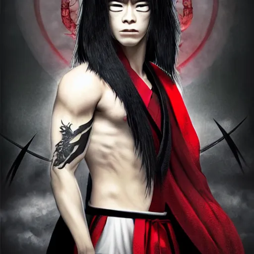 Image similar to demon martial artist, handsome japanese demon boy, young adult yokai with long spiky black hair, vampire, vantablack gi, simple clothes, red eyes, ultra realistic, intricate details, highly detailed, subsurface scattering, photorealistic, octane render, 8 k, art by artgerm, greg rutkowski, magali villeneuve, alphonse mucha