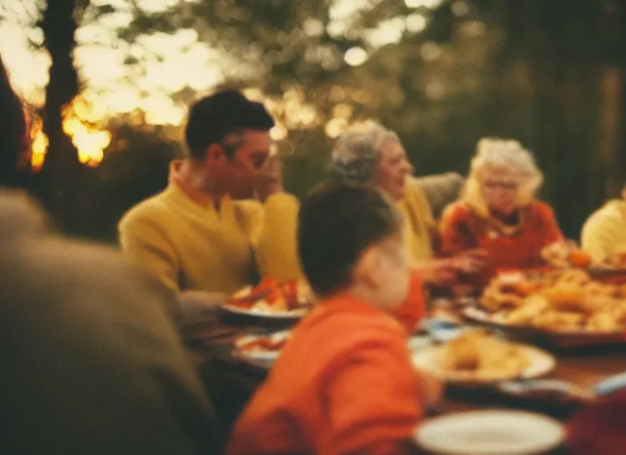 Prompt: a 3 5 mm photo of a family thanksgiving, bokeh, canon 5 0 mm, cinematic lighting, dramatic, film, photography, golden hour, depth of field, award - winning, 3 5 mm film grain, retro, film, kodachrome