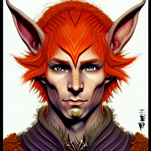 Image similar to portrait painting of an elven eladrin young man with very short light orange hair and tribal tattoos in his cheekbones wearing fur armor, d & d, rpg, sharp focus, award - winning, trending on artstation, masterpiece, highly detailed, intricate. art by josan gonzales and moebius and deathburger