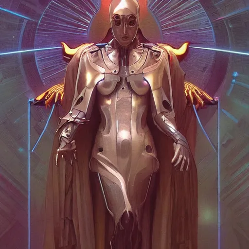 Image similar to “cyborg priest from another dimension, cinematic lighting, intricate, elegant, highly detailed, digital painting, artstation, sharp focus, illustration, art by artgerm and greg rutkowski and alphonse mucha and Wayne Barlowe and william-adolphe bouguereau ”